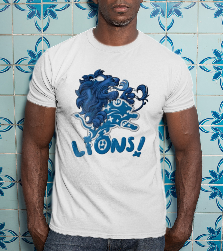 Detroit Lions Blue Lion Roaring Mascot With Playful Lettering T-Shirt