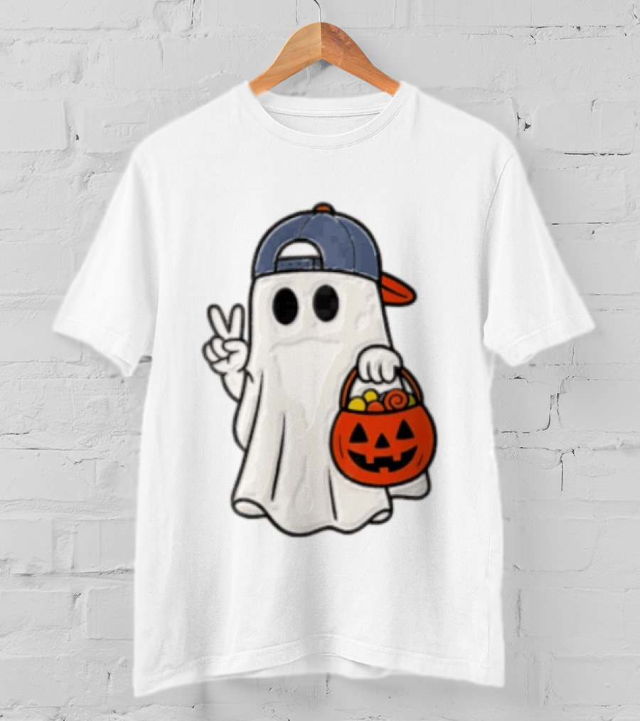 Ghost In Cap With Peace Sign Holding Pumpkin Bucket Halloween T-Shirt