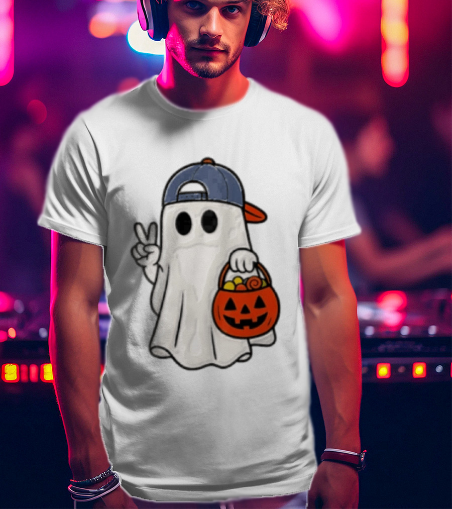 Ghost In Cap With Peace Sign Holding Pumpkin Bucket Halloween T-Shirt
