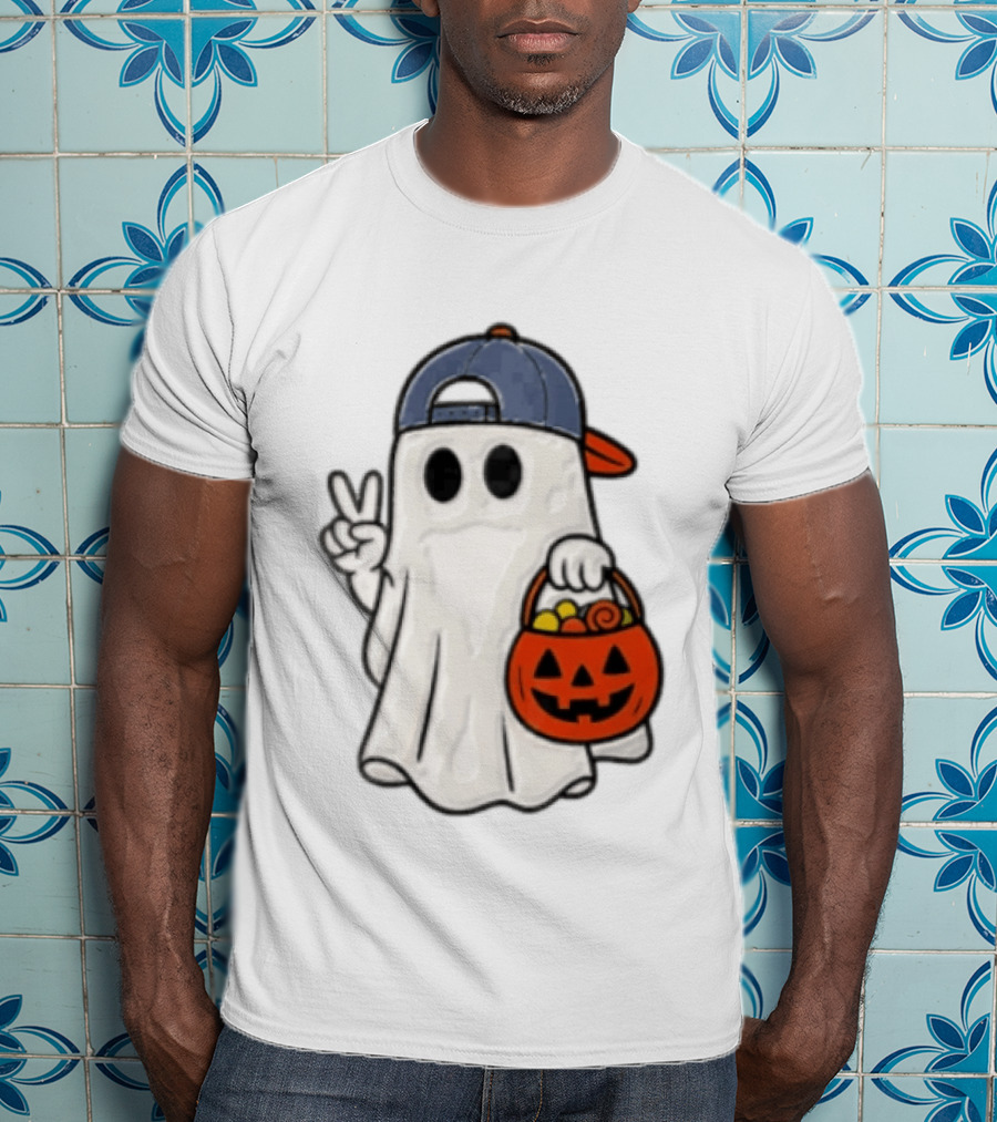 Ghost In Cap With Peace Sign Holding Pumpkin Bucket Halloween T-Shirt