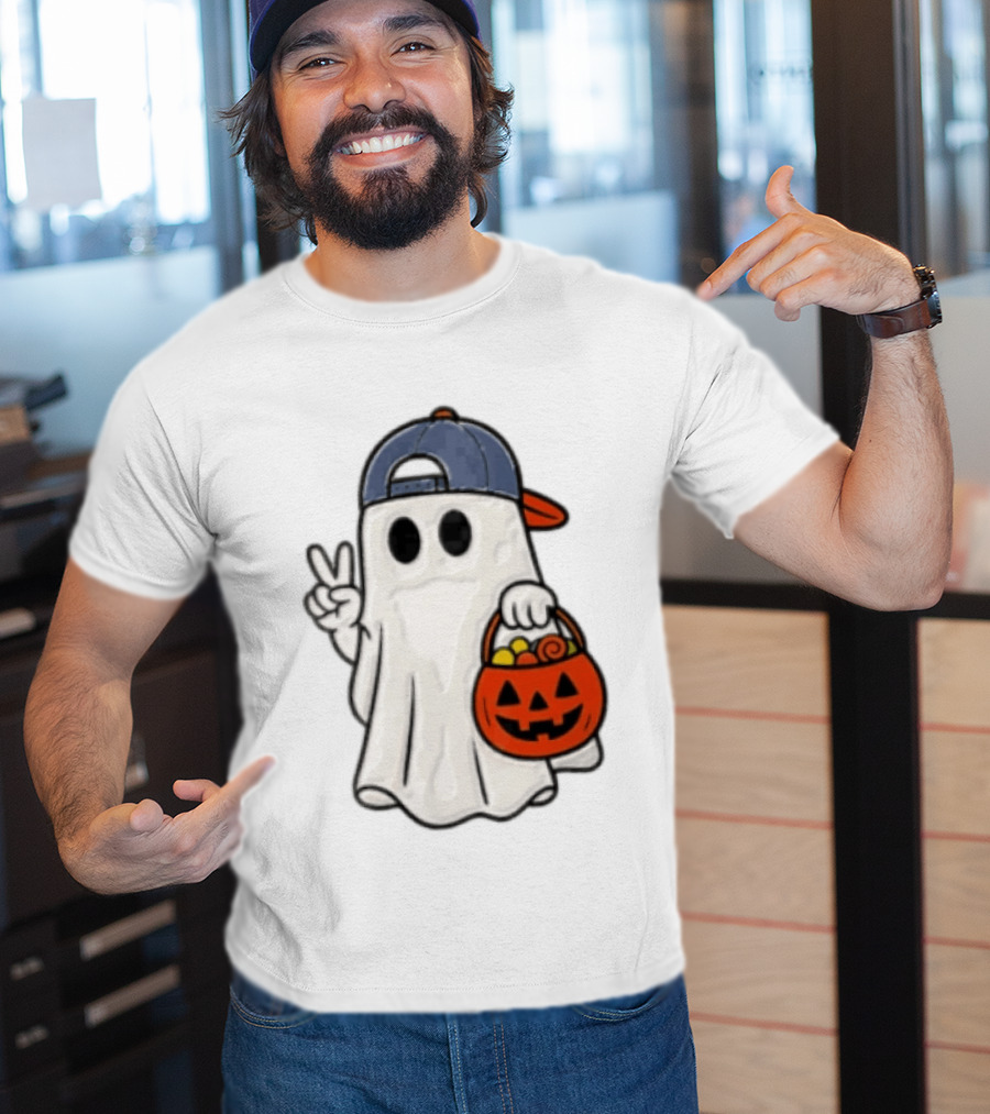 Ghost In Cap With Peace Sign Holding Pumpkin Bucket Halloween T-Shirt