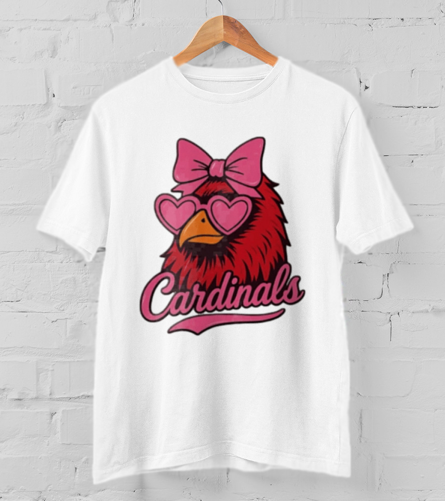 St Louis Cardinals Red Bird Pink Bow Heart Glasses T-Shirt