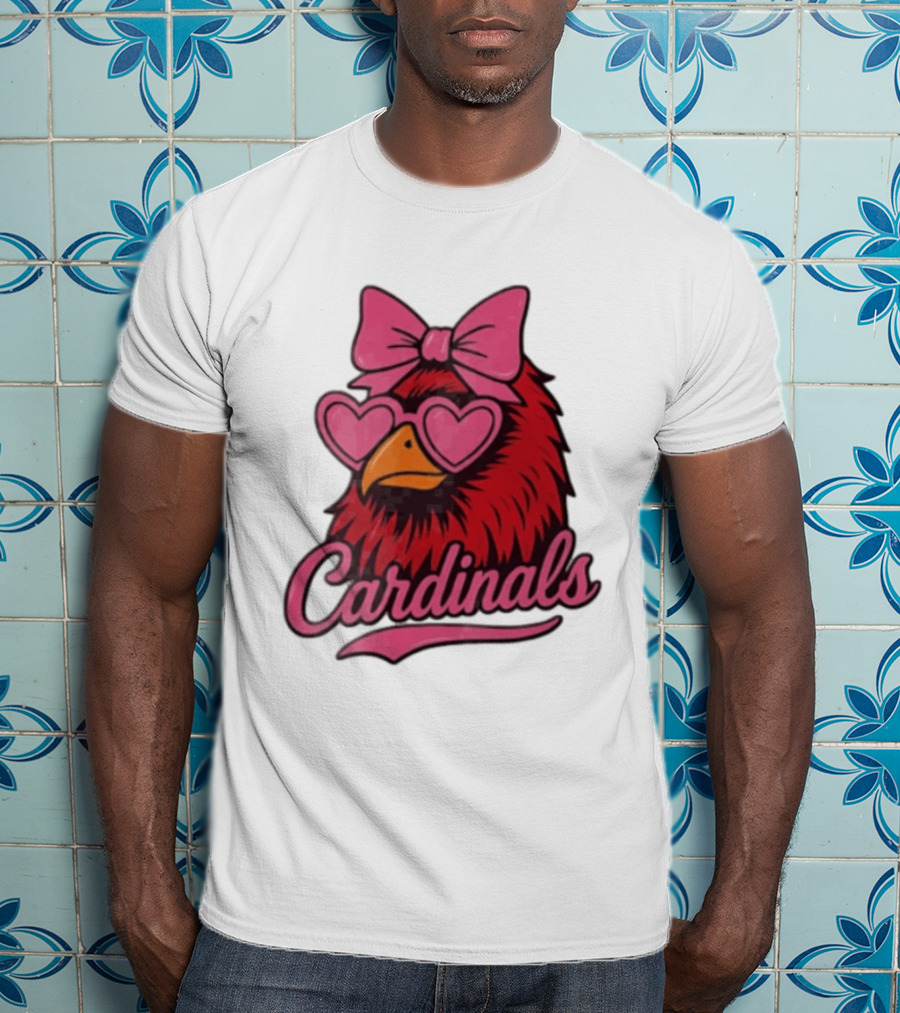 St Louis Cardinals Red Bird Pink Bow Heart Glasses T-Shirt