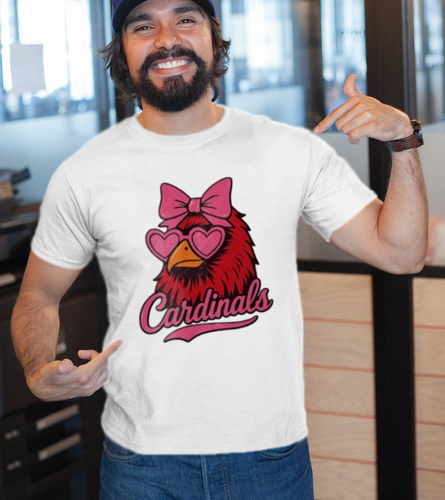 St Louis Cardinals Red Bird Pink Bow Heart Glasses T-Shirt