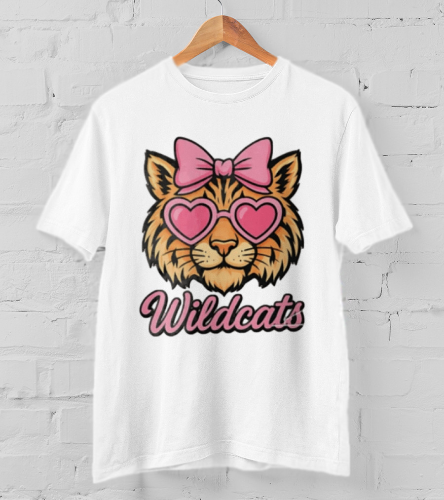 Wildcats Tiger Face Pink Bow Heart Glasses T-Shirt