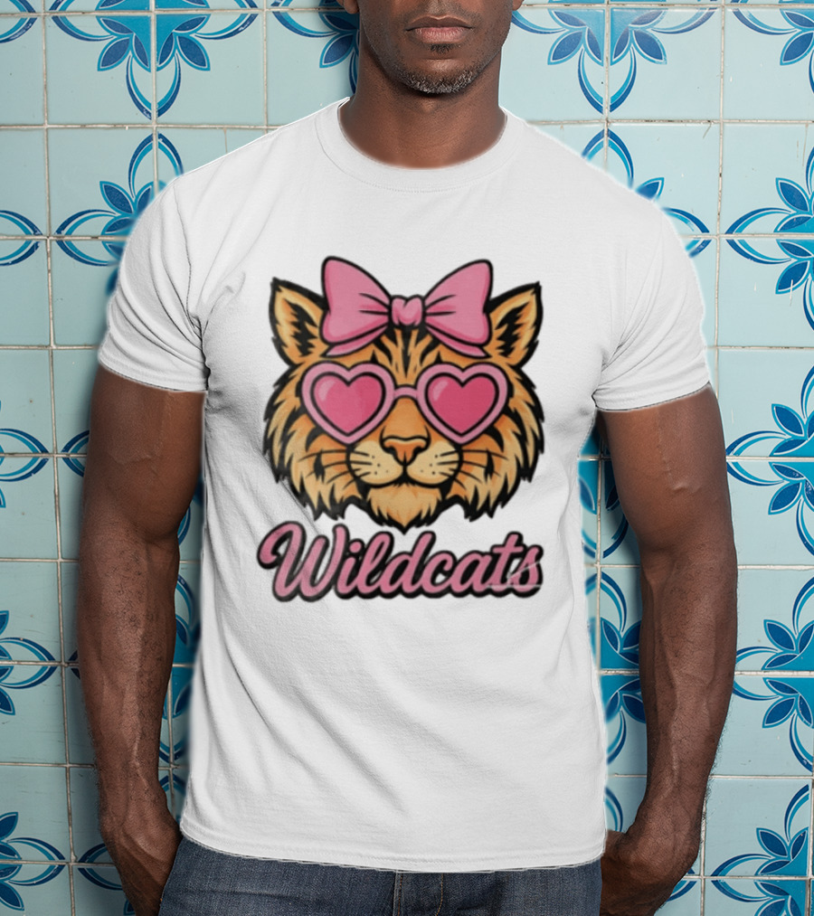 Wildcats Tiger Face Pink Bow Heart Glasses T-Shirt