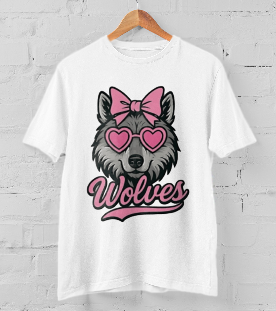 Wolves Wolf Pink Heart Glasses Bow T-Shirt