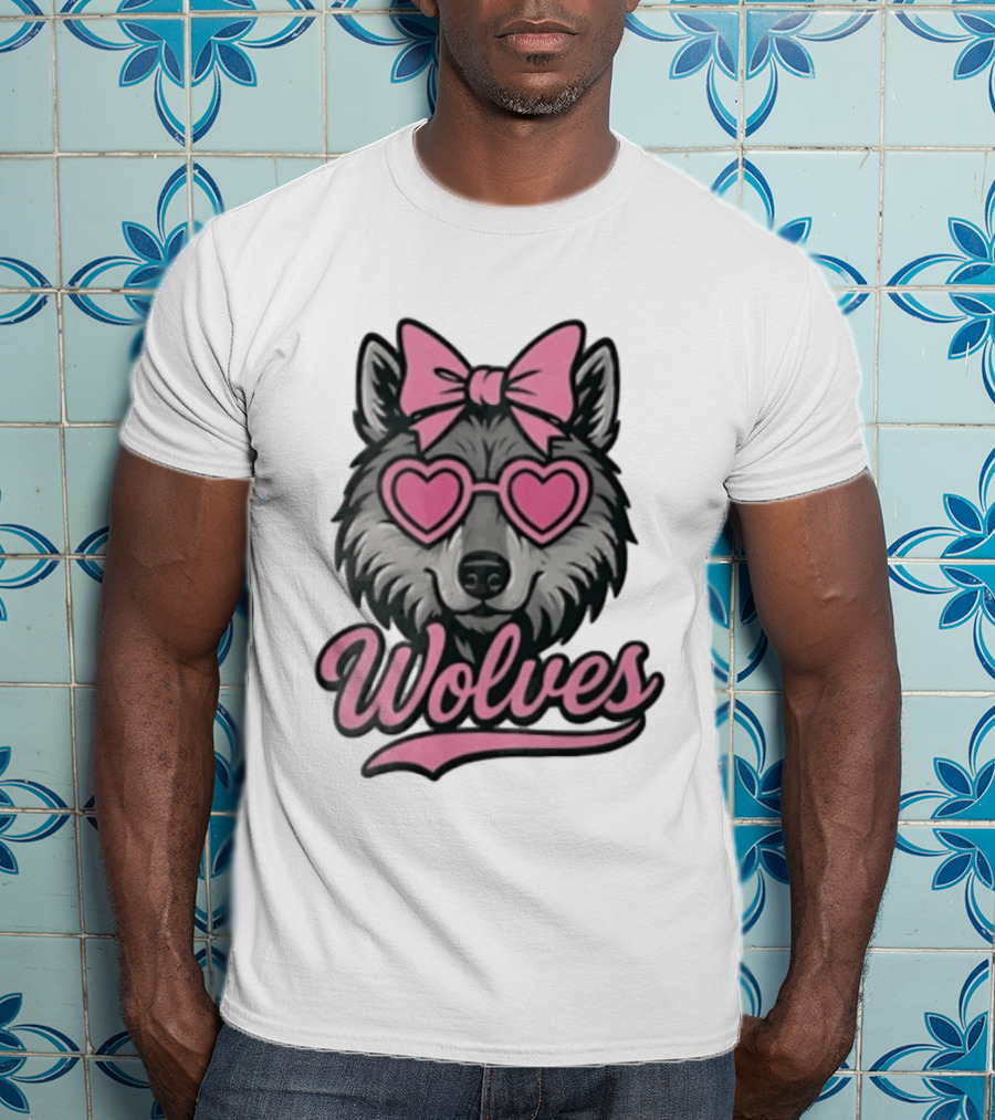 Wolves Wolf Pink Heart Glasses Bow T-Shirt
