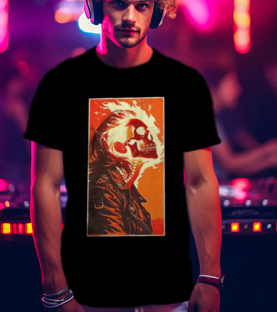 Burnout Flaming Skull Leather Jacket Man Fiery T-Shirt