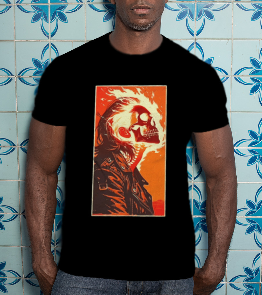 Burnout Flaming Skull Leather Jacket Man Fiery T-Shirt