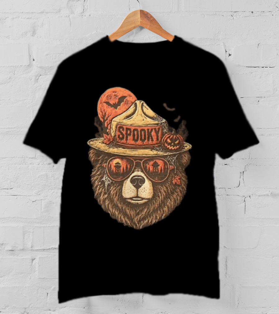 Smokey Bear Spooky Halloween Fire Lookout Forest Ranger Pumpkin Bats T-Shirt