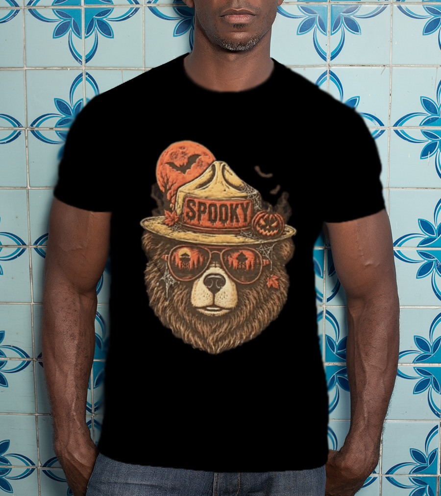 Smokey Bear Spooky Halloween Fire Lookout Forest Ranger Pumpkin Bats T-Shirt