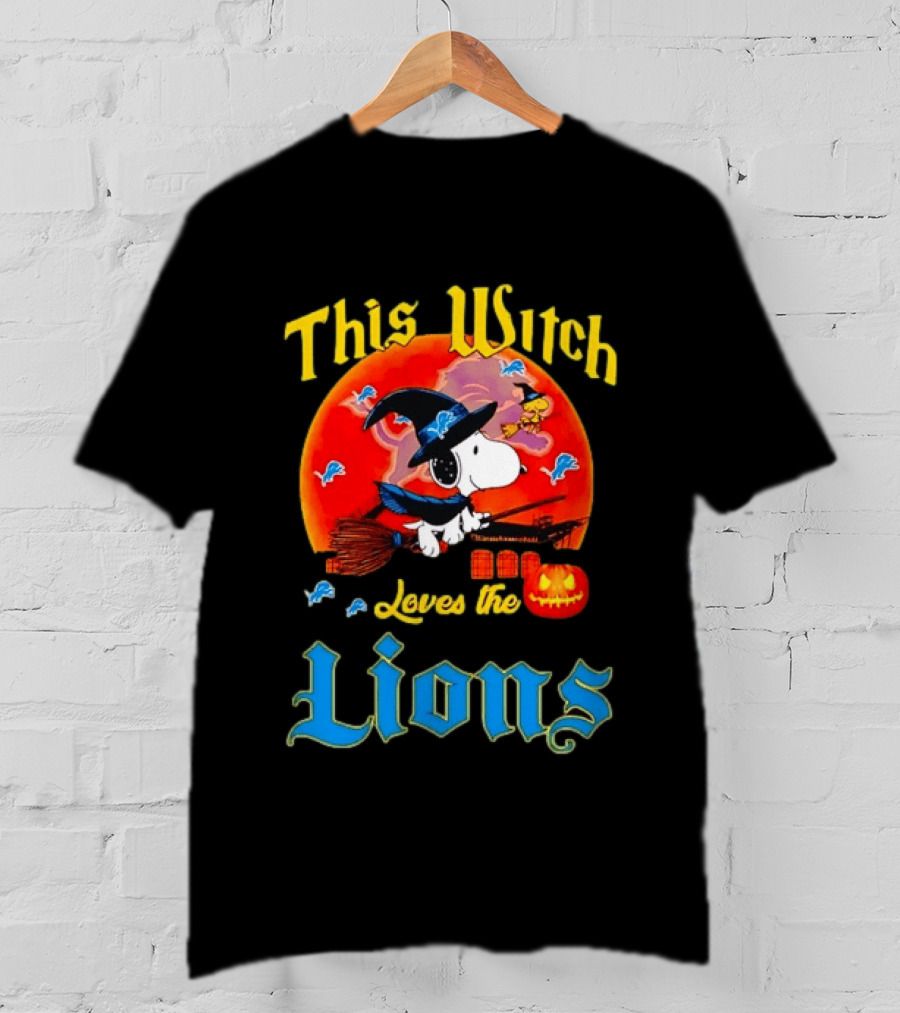 Snoopy This Witch Loves The Lions Halloween Pumpkin Broom Peanuts T-Shirt
