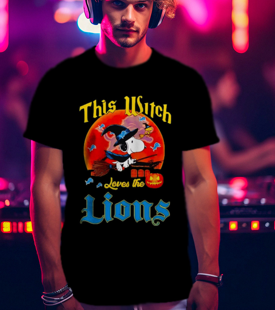 Snoopy This Witch Loves The Lions Halloween Pumpkin Broom Peanuts T-Shirt