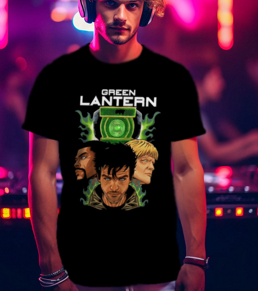 Green Lantern Glowing Eyes With Symbol Featuring Three Characters T-Shirt