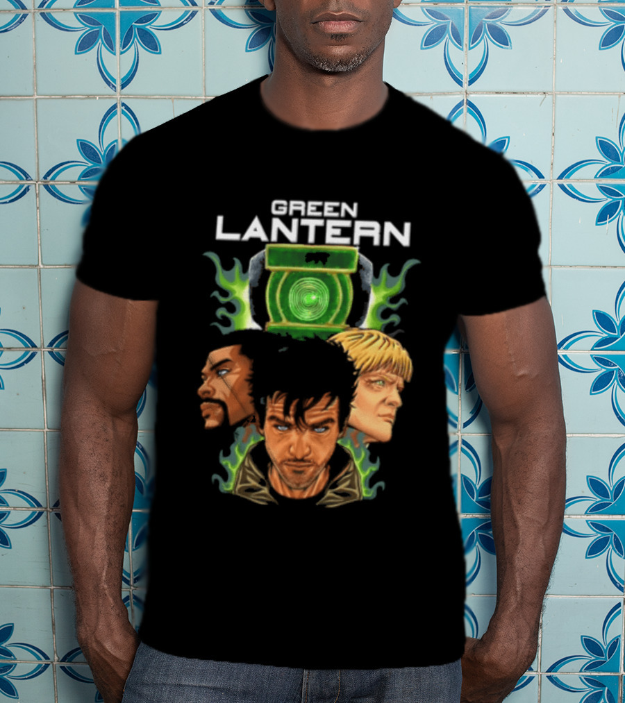 Green Lantern Glowing Eyes With Symbol Featuring Three Characters T-Shirt
