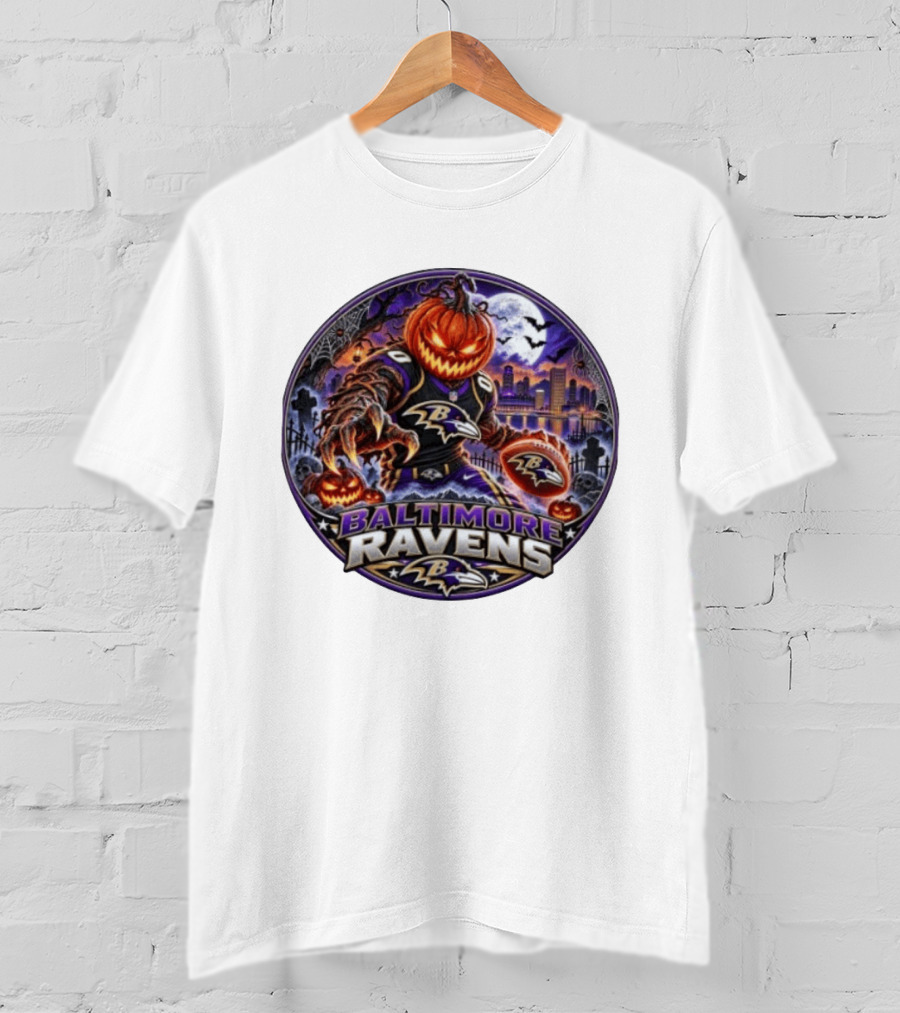 Baltimore Ravens Jack O' Lantern Halloween Football Spooky Night Ravens Stadium Skyline T-Shirt