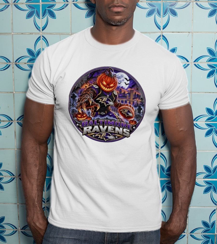Baltimore Ravens Jack O' Lantern Halloween Football Spooky Night Ravens Stadium Skyline T-Shirt
