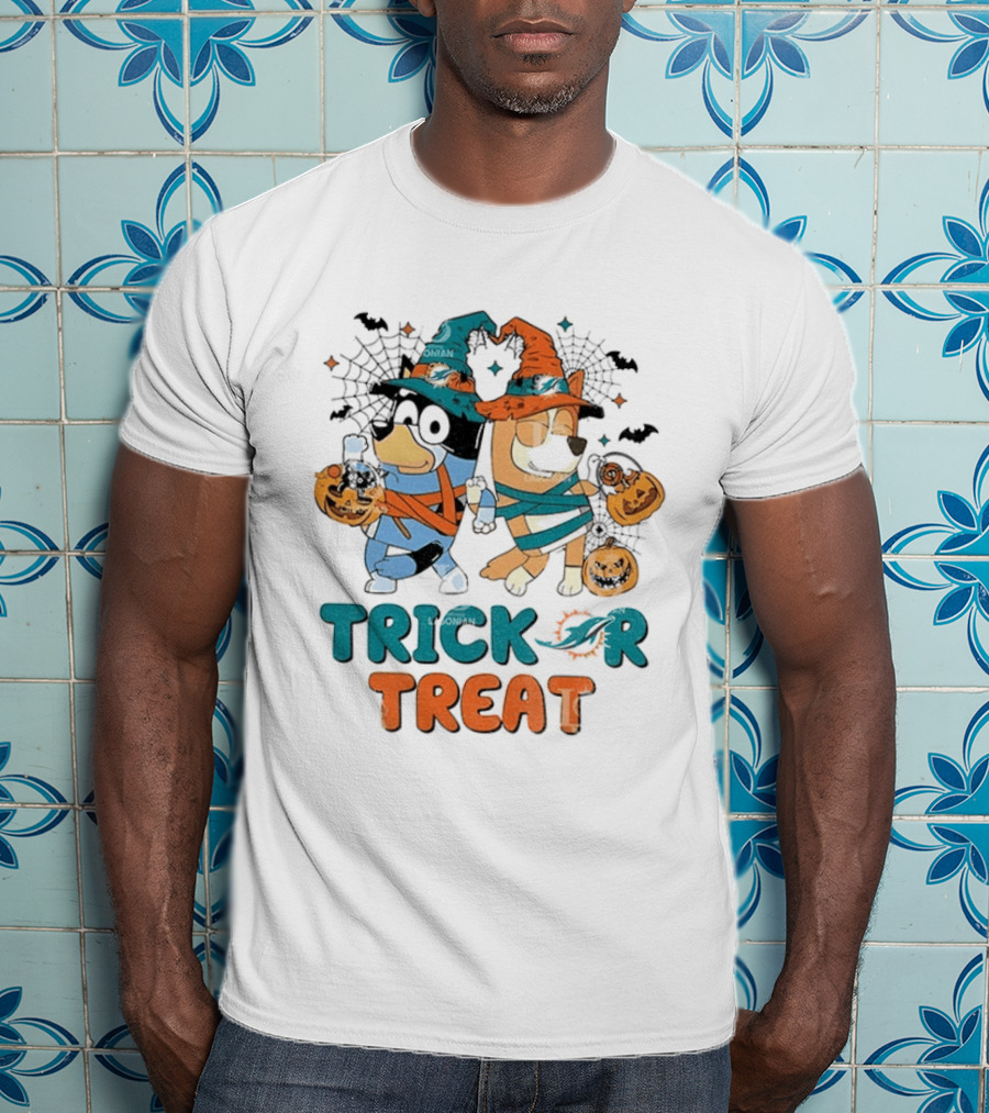 Miami Dolphins Bluey Trick Or Treat Halloween Pumpkin Spooky Costumes T-Shirt