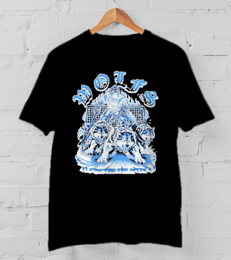 Motifs Wolf Hockey Skeleton Goalie With Three Wolves T-Shirt