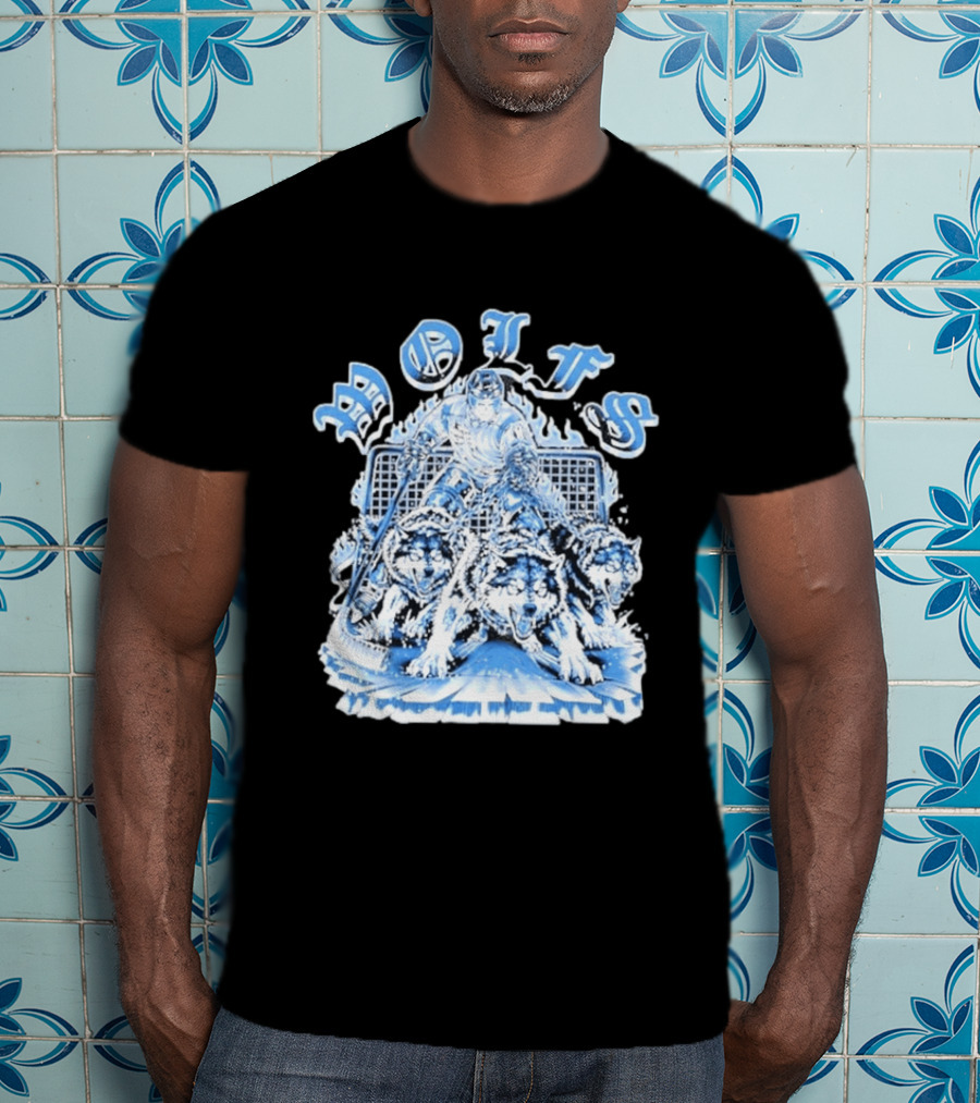 Motifs Wolf Hockey Skeleton Goalie With Three Wolves T-Shirt