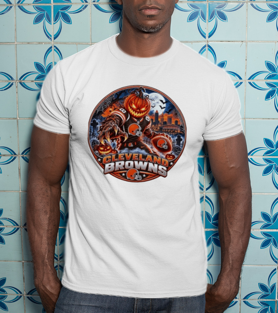 Halloween Jack O' Lantern Cleveland Browns Football Player Spooky Night T-Shirt