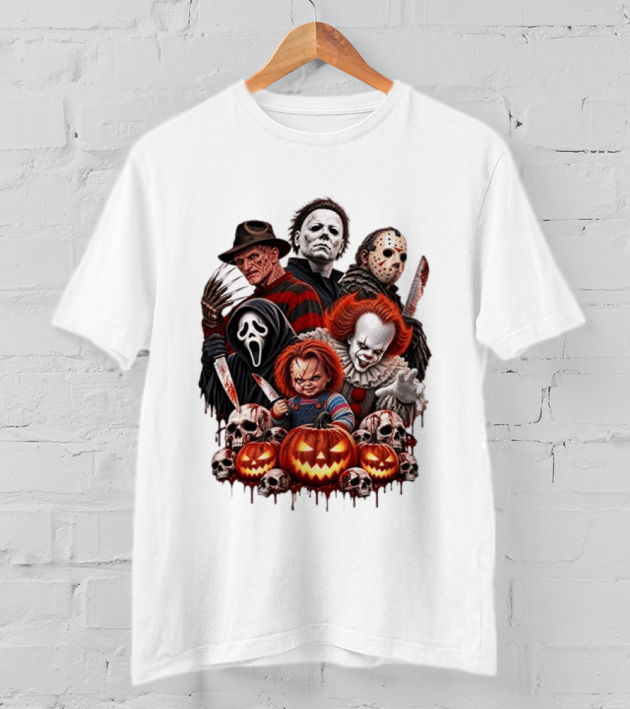 Freddy Krueger Michael Myers Jason Voorhees Ghostface Pennywise Chucky Horror Characters With Skull And Pumpkin Display T-Shirt