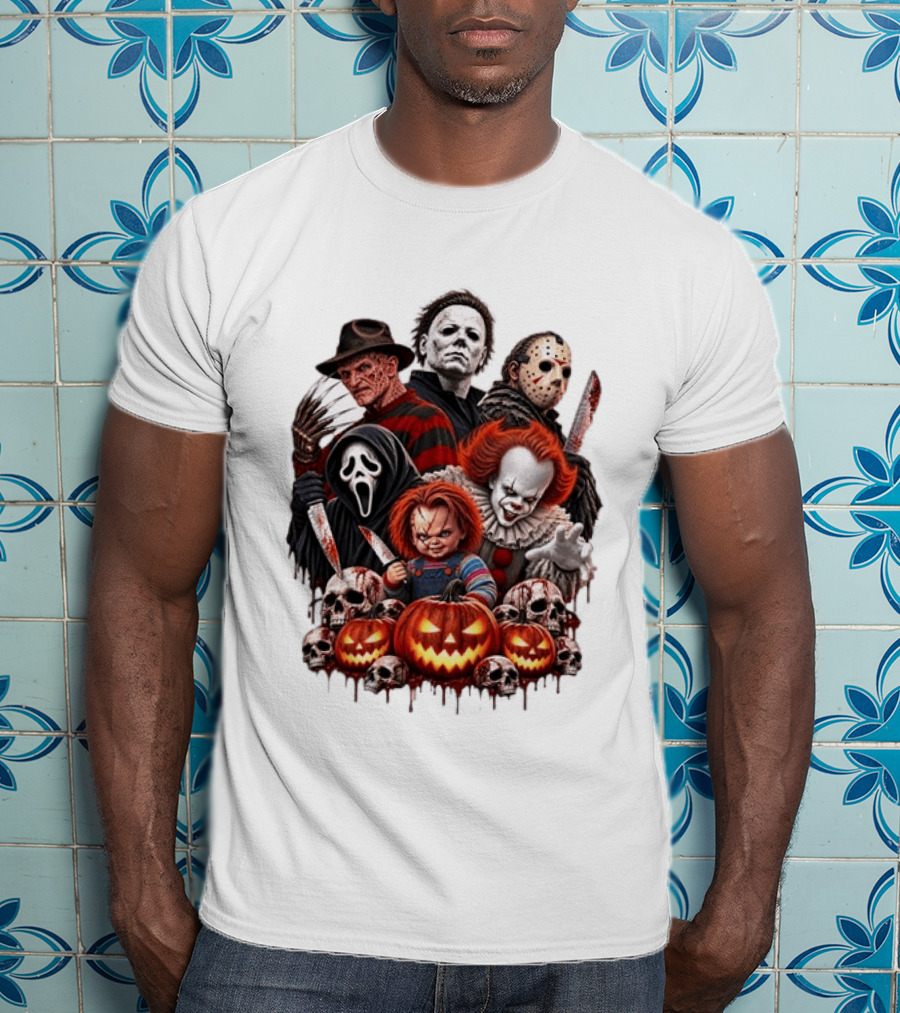 Freddy Krueger Michael Myers Jason Voorhees Ghostface Pennywise Chucky Horror Characters With Skull And Pumpkin Display T-Shirt