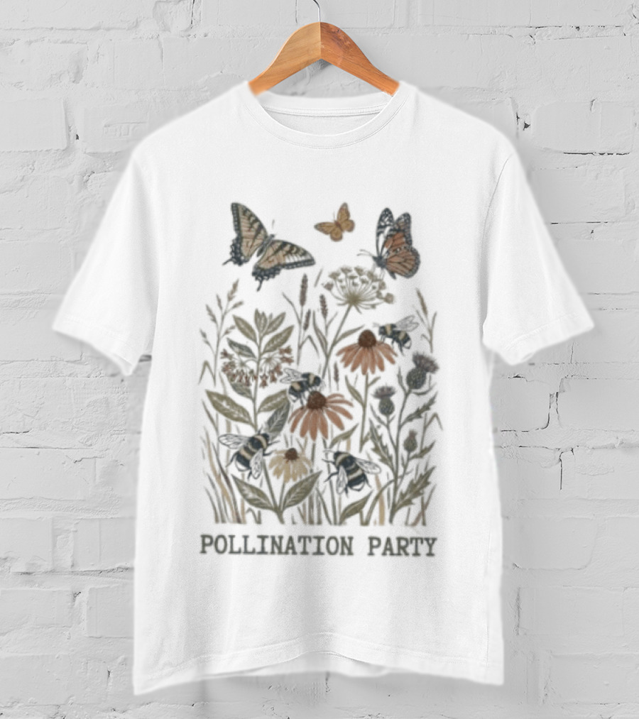 Pollination Party Butterflies And Bees In Nature Garden T-Shirt