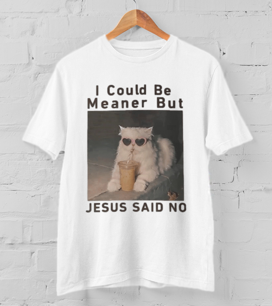 I Could Be Meaner But Jesus Said No White Cat Pink Heart Sunglasses T-Shirt