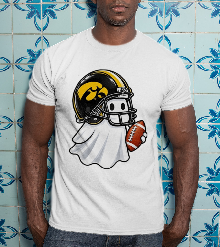 Iowa Hawkeyes Football Ghost Halloween Holding Football T-Shirt