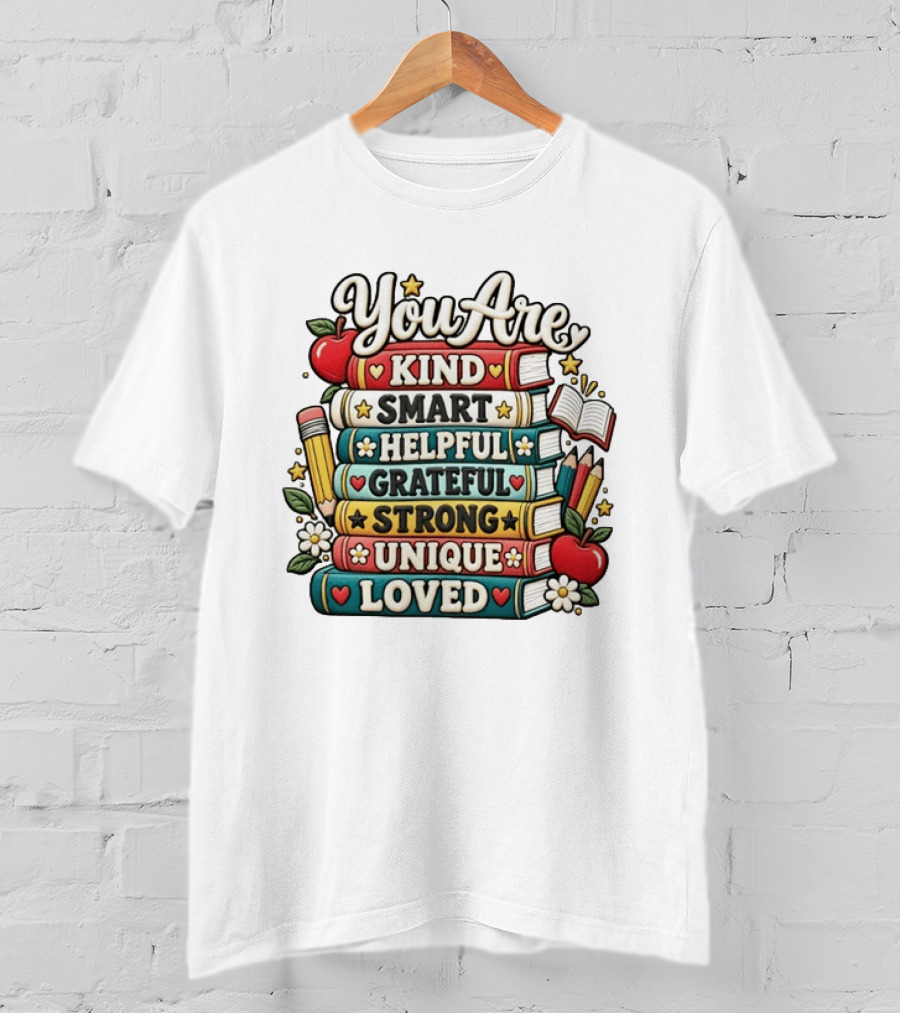You Are Kind Smart Helpful Grateful Strong Unique Loved Stacked Books With Apples And Flowers T-Shirt