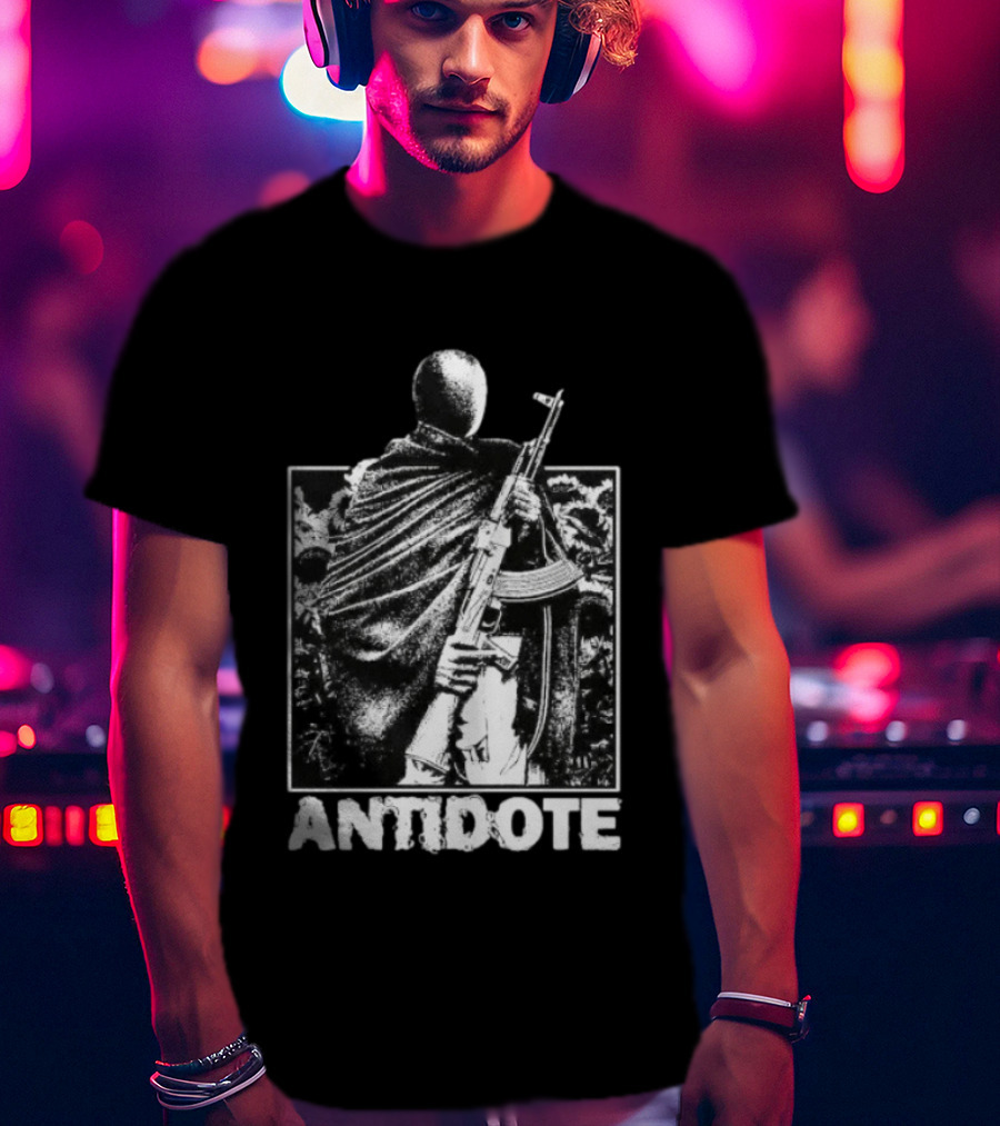 Antidote Masked Figure With Rifle Sunflower Field T-Shirt