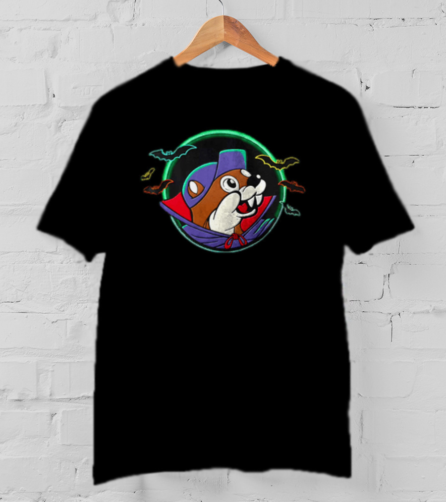 Buc Ee's Bucky The Beaver Halloween Vampire Costume Bats Decor 2 Sided T-Shirt