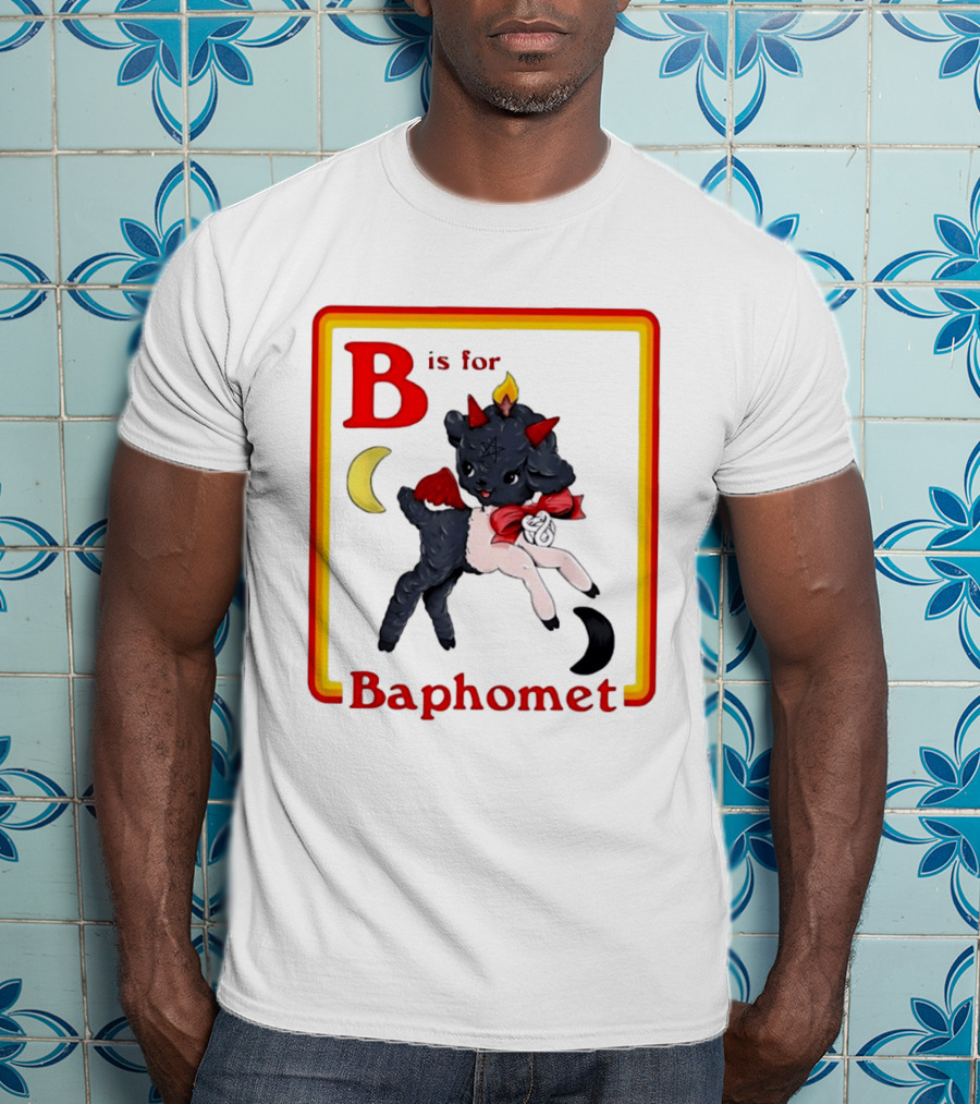 B Is For Baphomet Cartoon Baby Goat Pentacle Moon Horns Flame T-Shirt