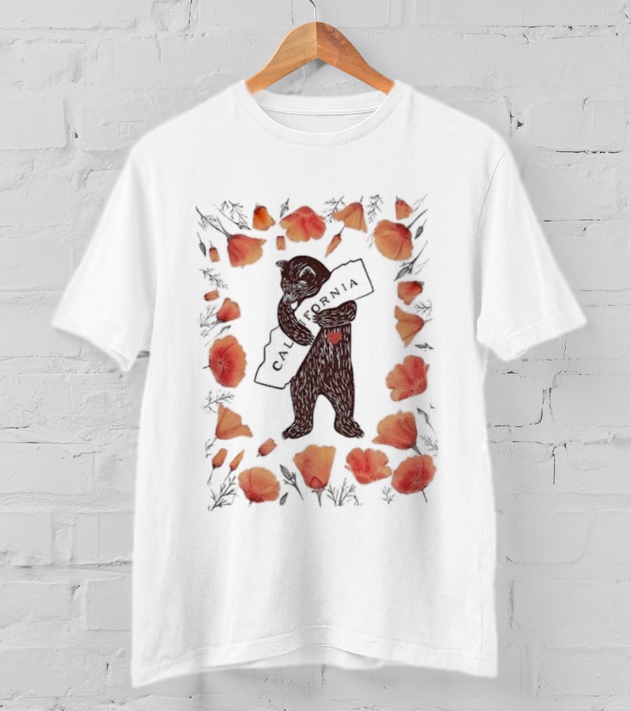 California Bear Hug With State Map And Poppies T-Shirt