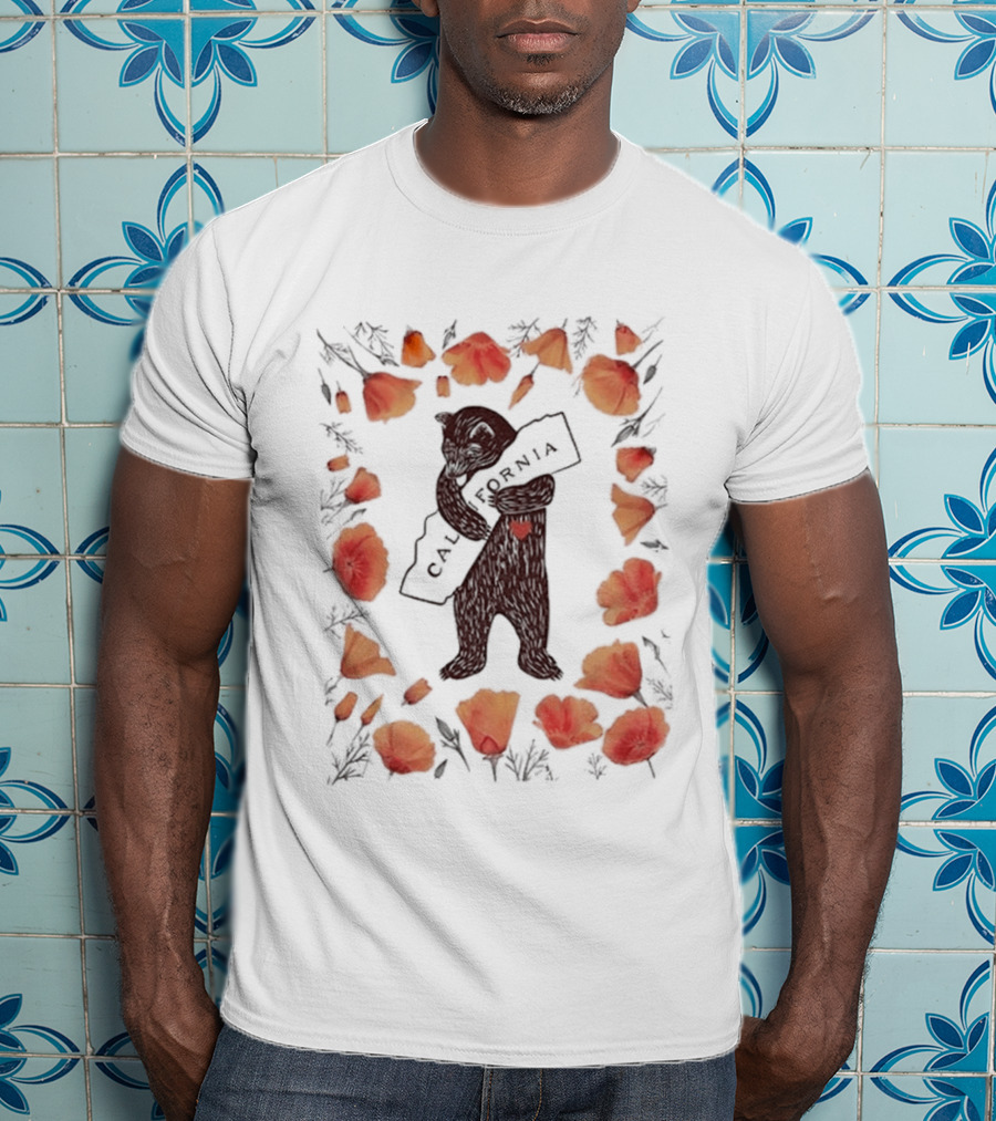 California Bear Hug With State Map And Poppies T-Shirt