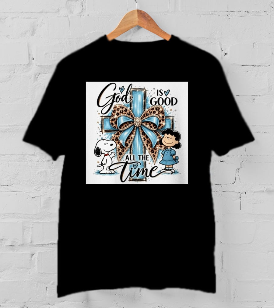 Snoopy And Lucy God Is Good All The Time Blue Cross And Leopard Bow T-Shirt