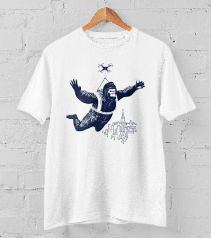 Gorilla Parachuting With Drone Over City Skyline T-Shirt