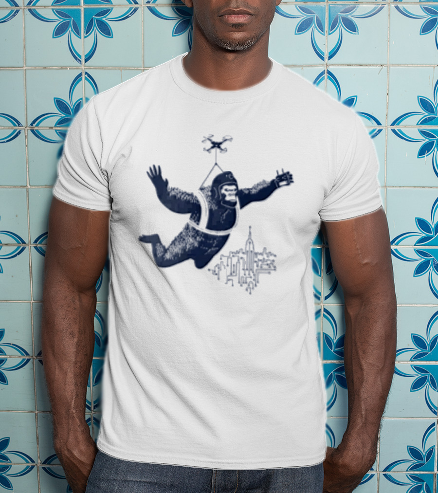 Gorilla Parachuting With Drone Over City Skyline T-Shirt
