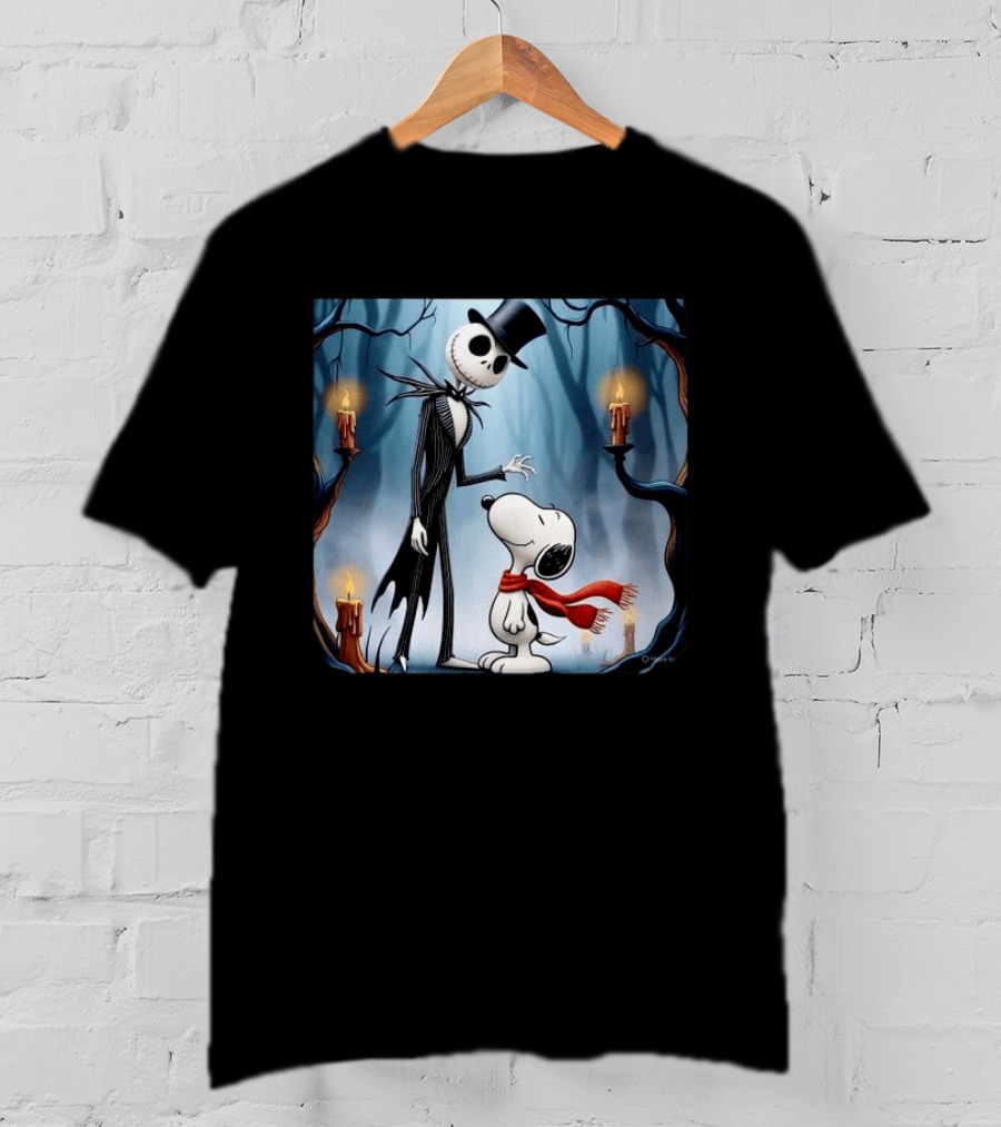 The Nightmare Before Christmas Jack Skellington And Snoopy Candles In Haunted Forest T-Shirt