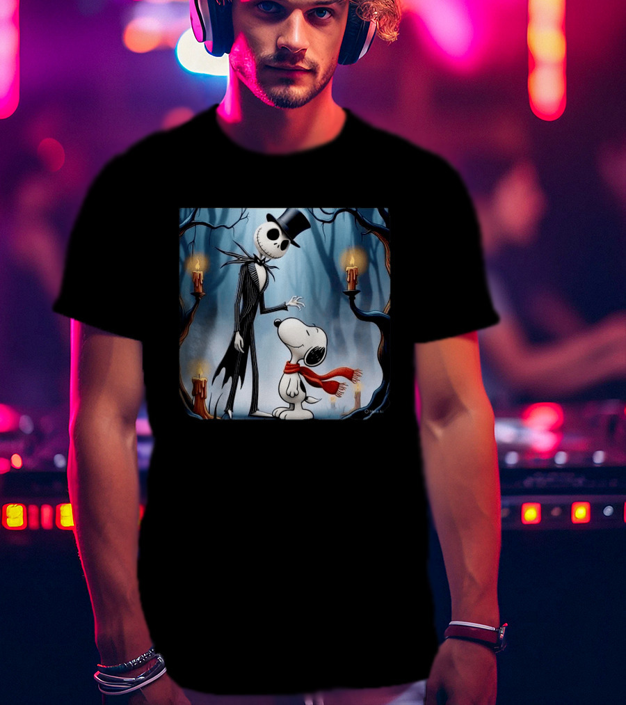 The Nightmare Before Christmas Jack Skellington And Snoopy Candles In Haunted Forest T-Shirt