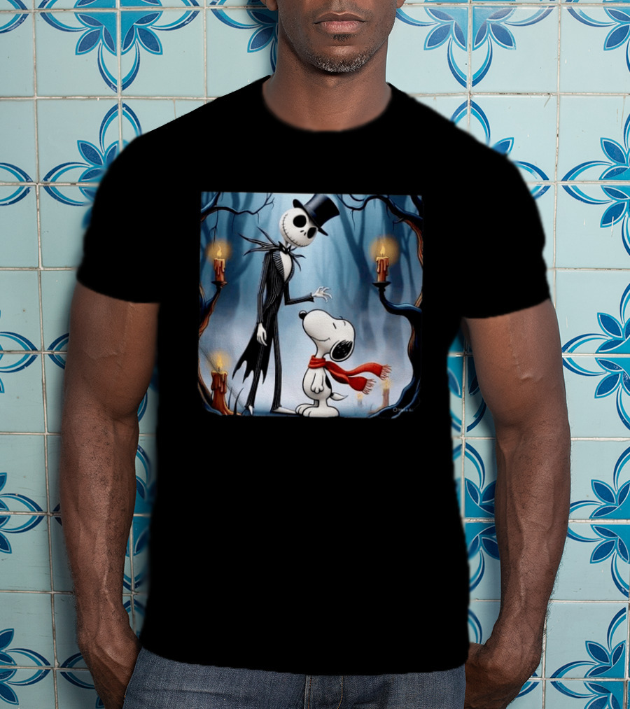 The Nightmare Before Christmas Jack Skellington And Snoopy Candles In Haunted Forest T-Shirt