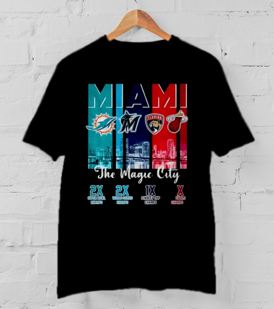 MIAMI The Magic City Dolphins Marlins Panthers Heat Champs T-Shirt