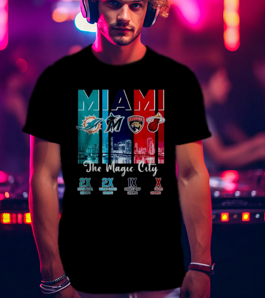 MIAMI The Magic City Dolphins Marlins Panthers Heat Champs T-Shirt