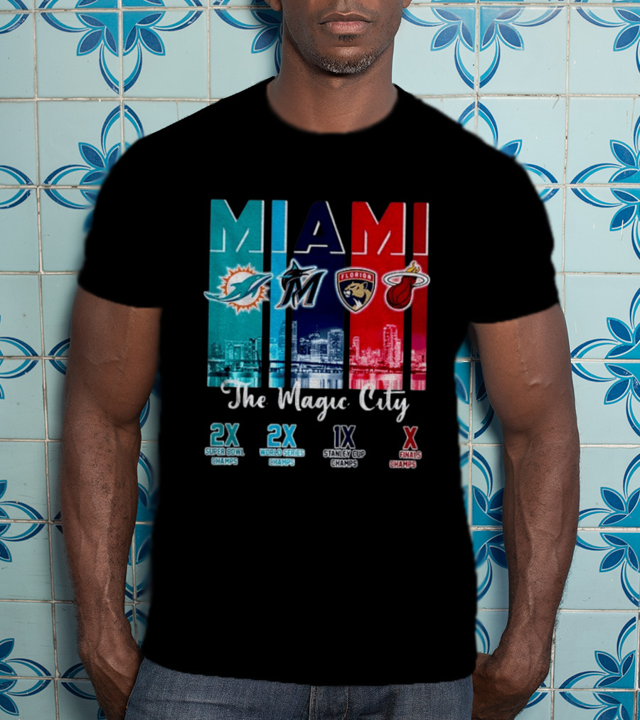 MIAMI The Magic City Dolphins Marlins Panthers Heat Champs T-Shirt