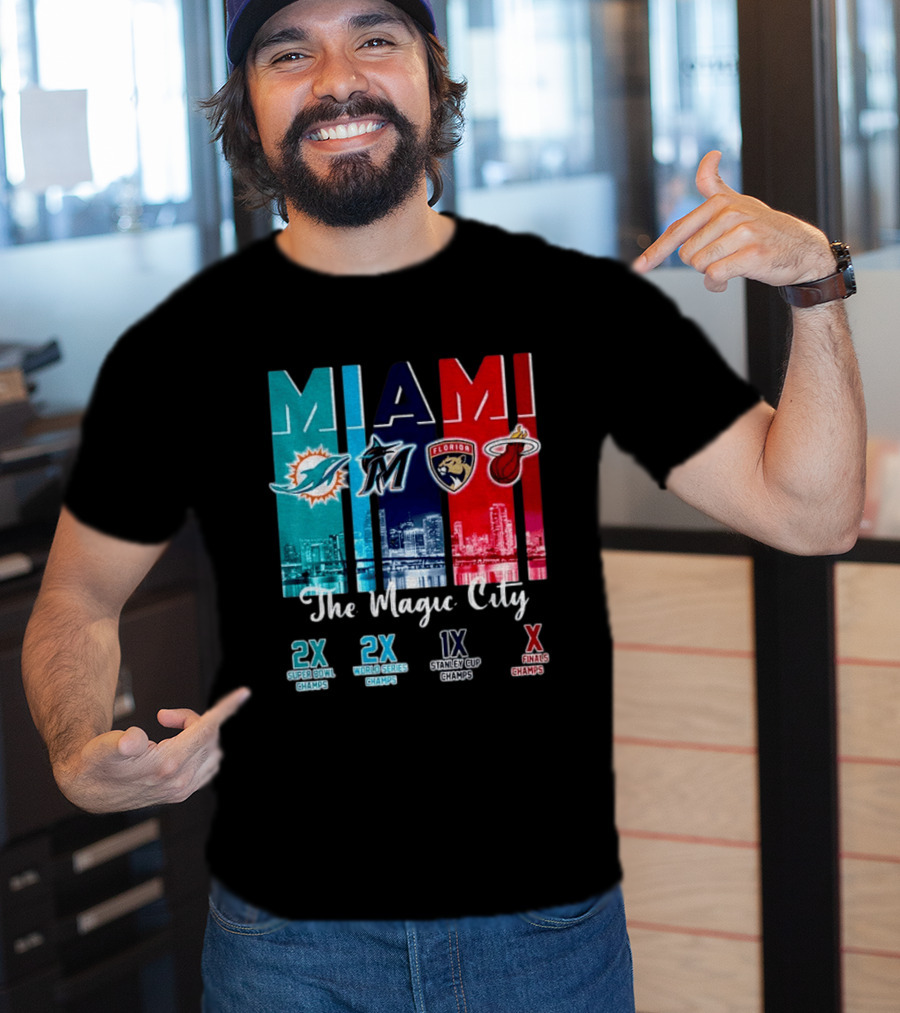 MIAMI The Magic City Dolphins Marlins Panthers Heat Champs T-Shirt