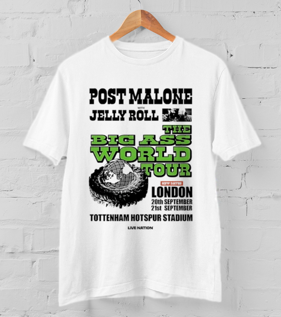 Post Malone Jelly Roll Live Nation The Big Ass World Tour London Tottenham Hotspur Stadium 2023 T-Shirt