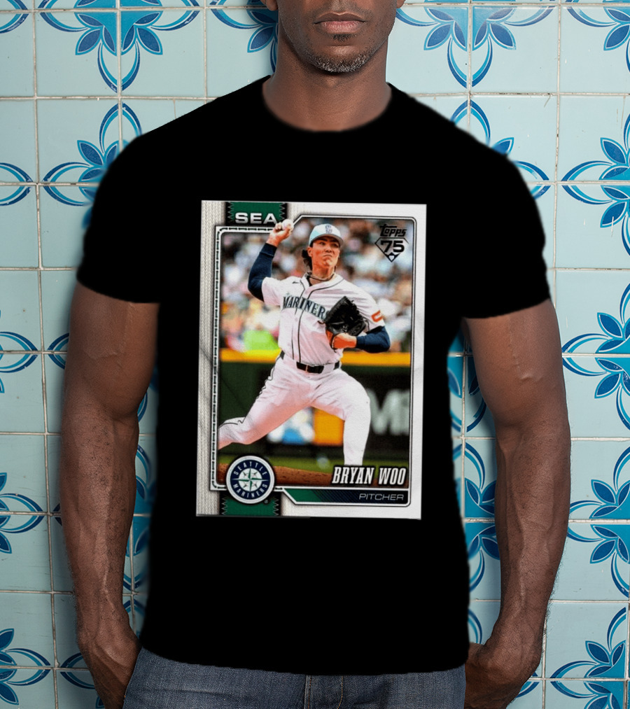 2026 Topps 75th Anniversary Seattle Mariners Bryan Woo Pitcher SEA T-Shirt