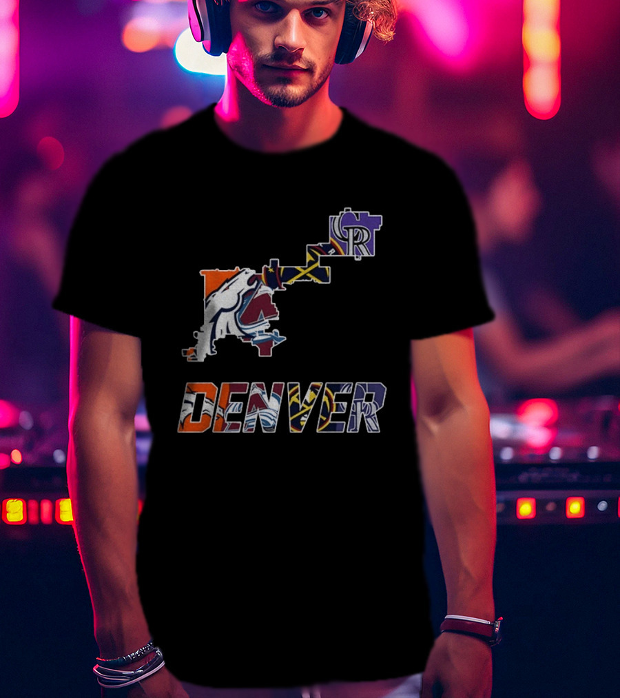 Denver Broncos Nuggets Avalanche Rockies Team Map T-Shirt